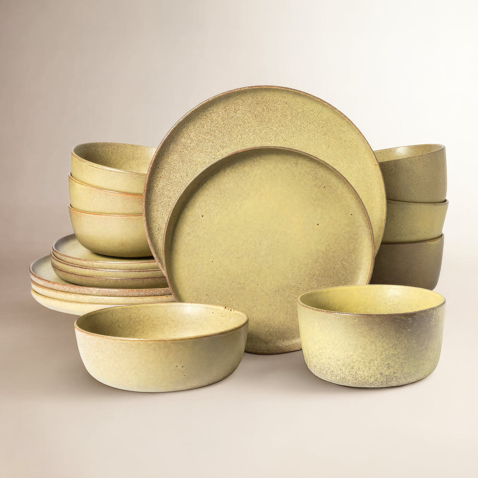 Gibson Elite James Street 16 Piece Stoneware Matte Reactive Double Bowl Dinnerware Set, Toast Cream