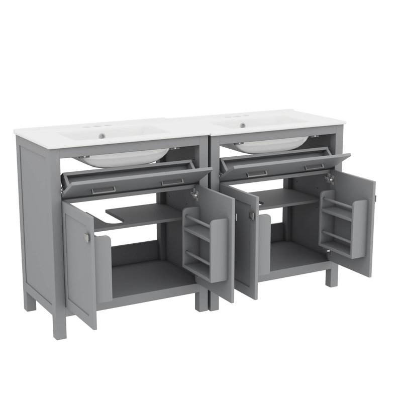 Ensemble de meuble-lavabo double 60 po avec lavabo double 60 po, tablette réglable et portes à fermeture en douceur, Gris
