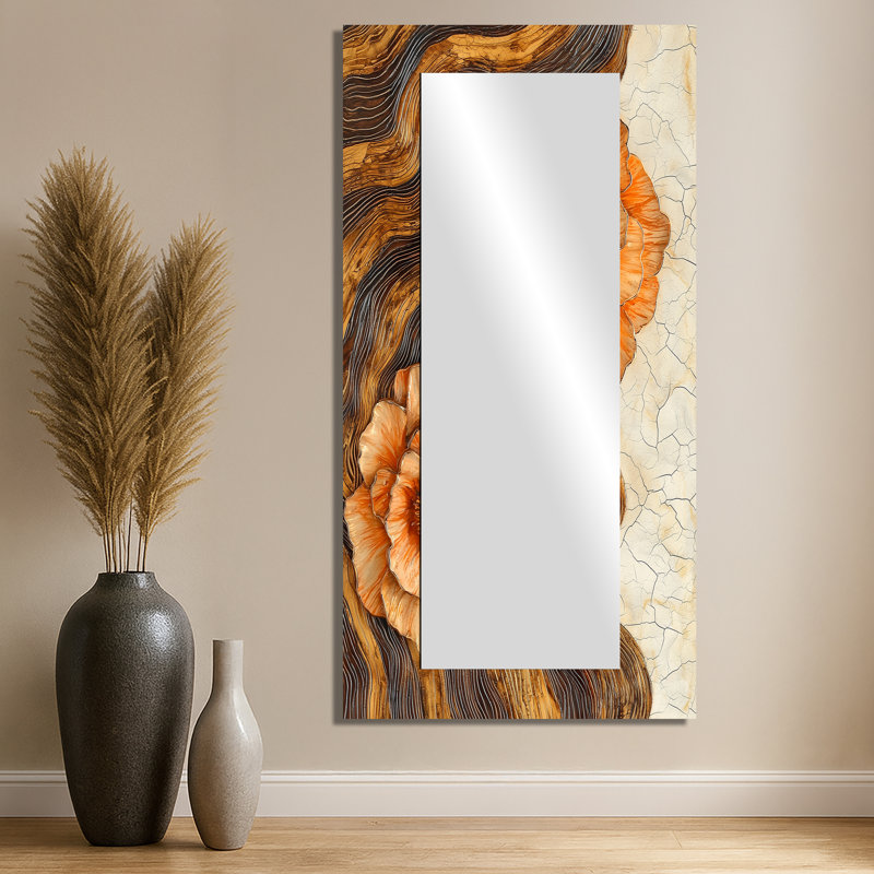 Fleurs de souci d'automne sur glissade sur bois II - miroir mural floral - imprimé sur métal, 28 po x 55 po