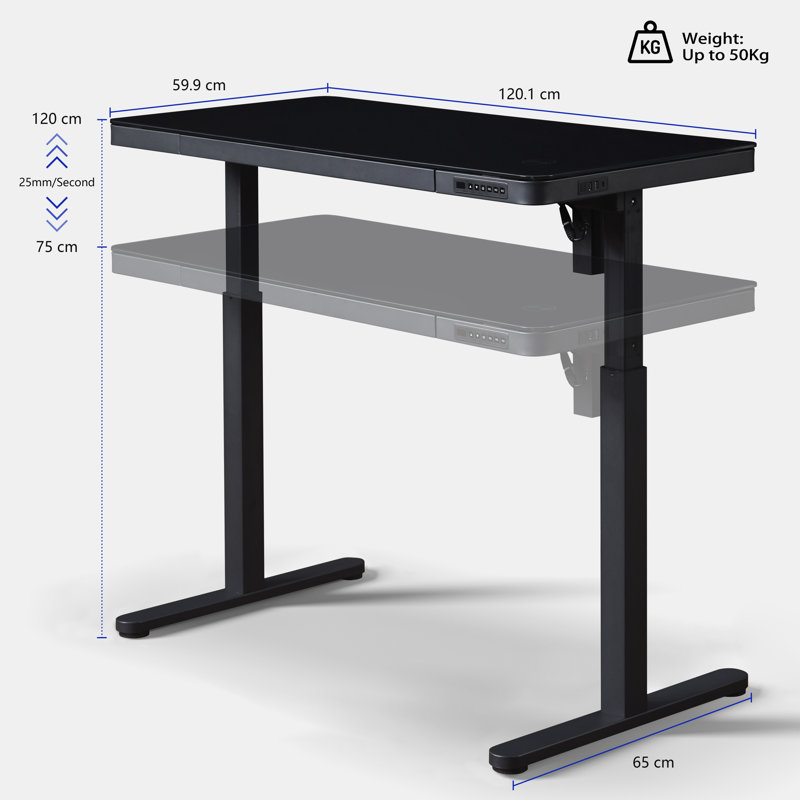 48" Black Glass Electric Height Adjustable Standing Desk with Drawer