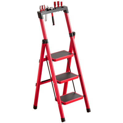 3 Step Ladder, Portable Steel Folding Stool with Tool Platform, Wide Anti-Slip Pedal and Anti-Slip Feet for Household, Office, Iron Construction, 150kg Capacity Step Ladder