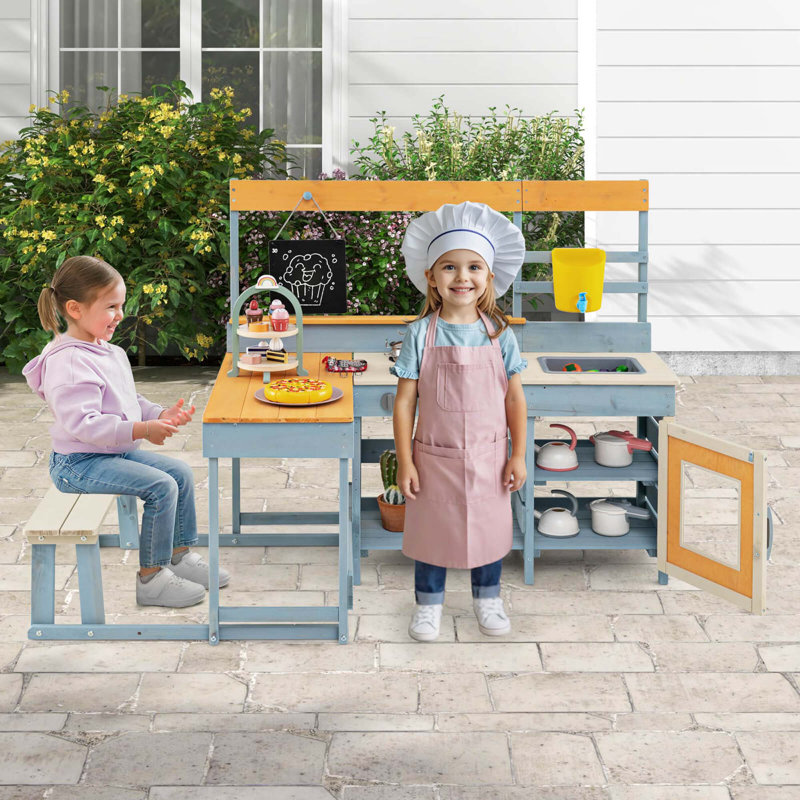 Mud Kitchen With Kids Picnic Table Built-in Bench Blackboard Water Box Sink