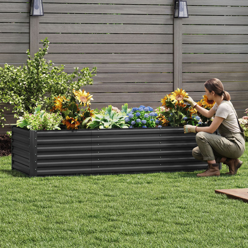 Galvanized Raised Garden Bed With Gloves, Black, 24" H x 96" W x 48" D