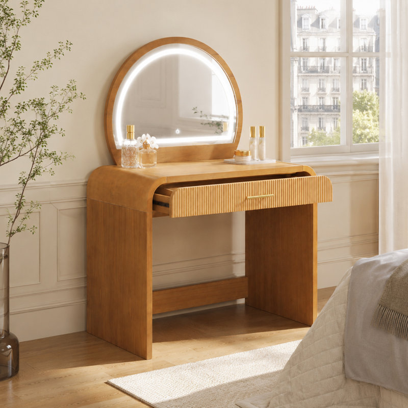  Modern MDF and Rubber Wood Makeup Vanity Table with Touch Screen Lighted Mirror and Convertible Desk Function, Tan