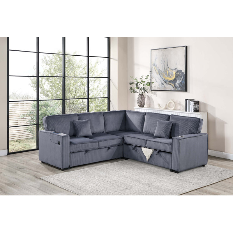 Canapé modulaire convertible 3 pièces Wetzel, Velours côtelé gris foncé