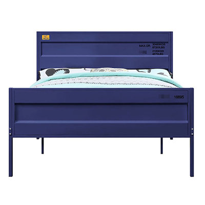 Lit double en métal bleu avec une allure classique de style chambre à coucher contemporaine