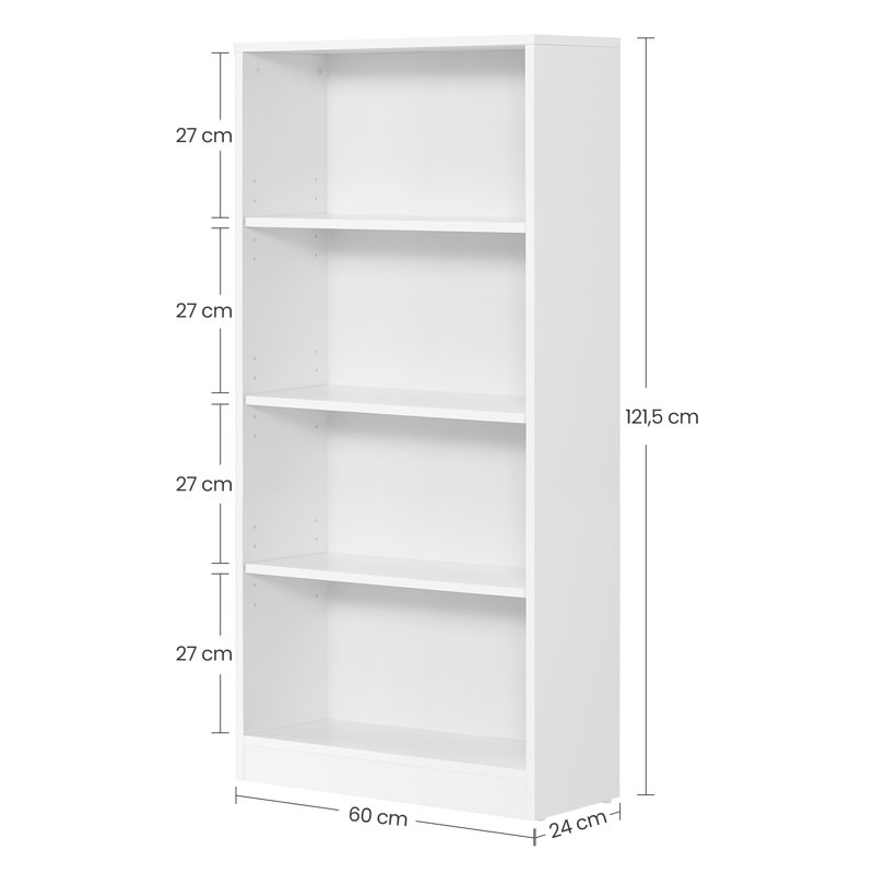 3-Tier Bookshelf, Open Storage Shelf, (4 Shelves) 121.5cm H x 60cm W x 24cm D, White