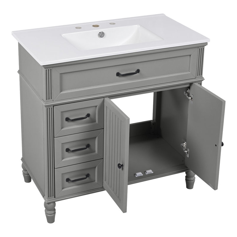 36" Single Bathroom Vanity With Ceramic Top, Light Gray, Black