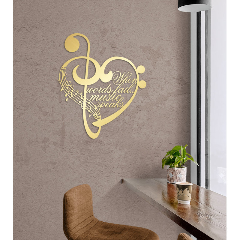 Metal Notes and Heart Wall Art, When words fail music speaks, Metal Wall Decor for Musician Gift, Shiny Gold