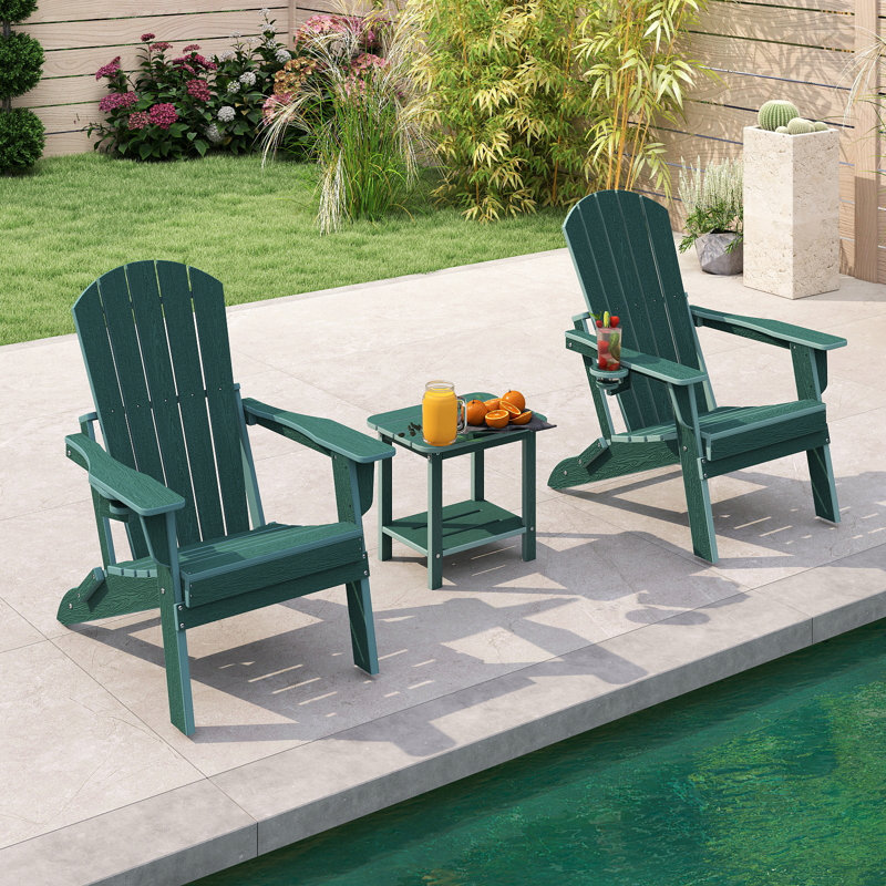 3-piece Hdpe Adirondack Chair Set With 2-tier Side Table – Foldable Outdoor Lounge Chairs With Cup Holders, All-weather Poly Lumber Patio Furniture For Garden, Porch & Poolside