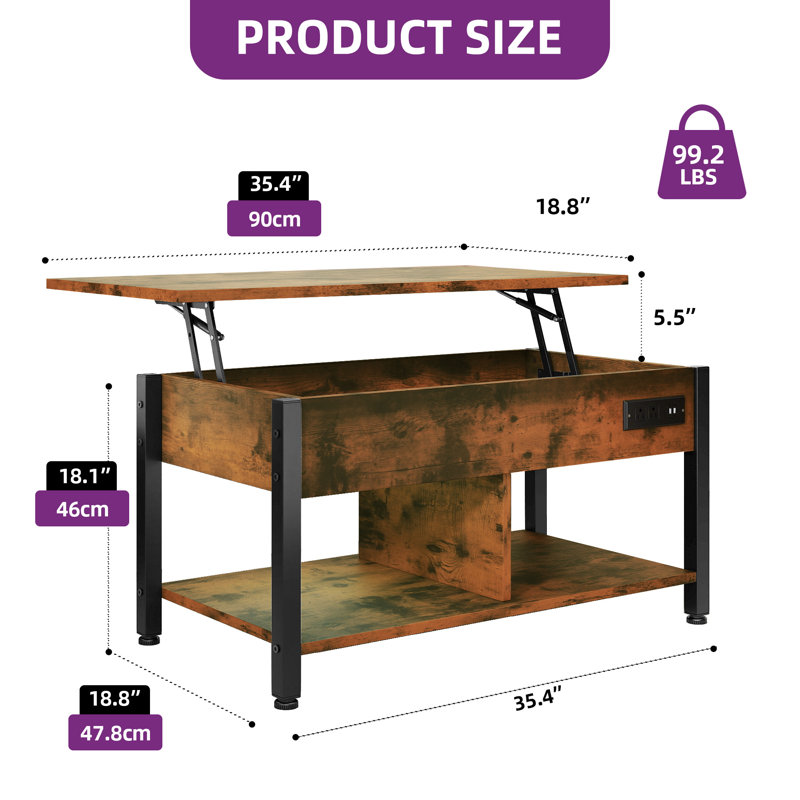 Lift Top Coffee Table With Light, Walnut Top/Black Base