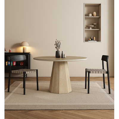 French Retro-style Round Dining Table with Travertine Sintered Stone Tabletop