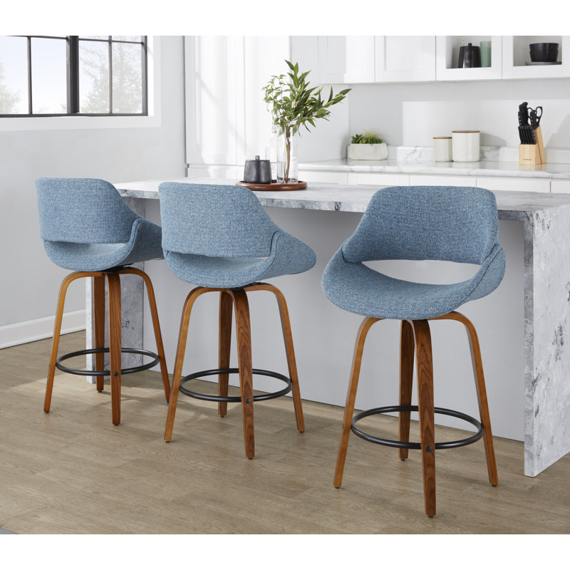 Tabouret de comptoir en tissu à hauteur fixe de 26 po Najrin avec pieds en bois courbé et repose-pieds rond (ensemble de 3)