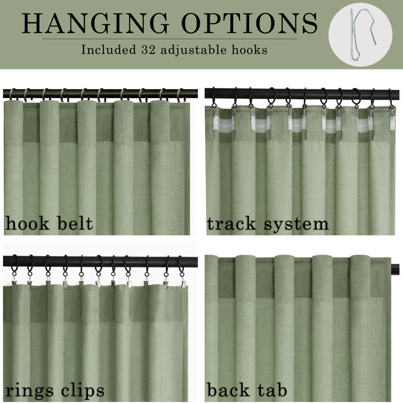 Dennan Light-Filtering Curtain with Back Tab Hooks, 52" W x 94" L, Sage Green