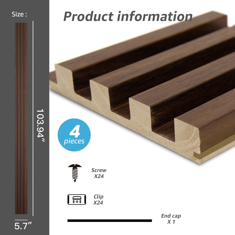 4 PCS 103.94''x5.7'' Slat Solid Wood Wall Paneling for Interior and Ceiling Decoration(16.45 sq.ft./Case), Walnut