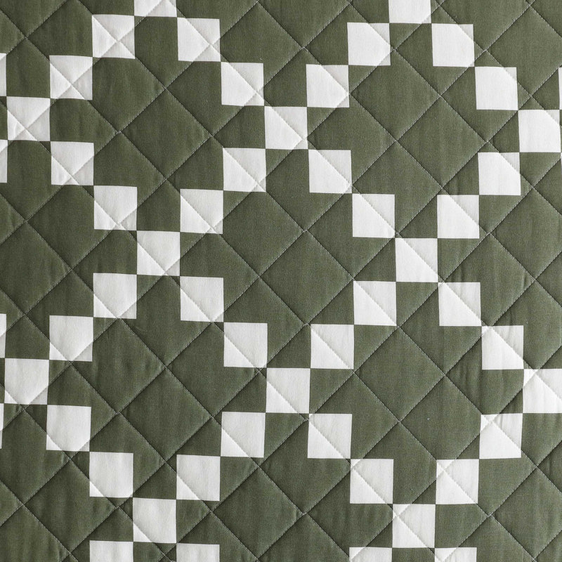 Twin Green and White Cotton Reversible Quilt Set