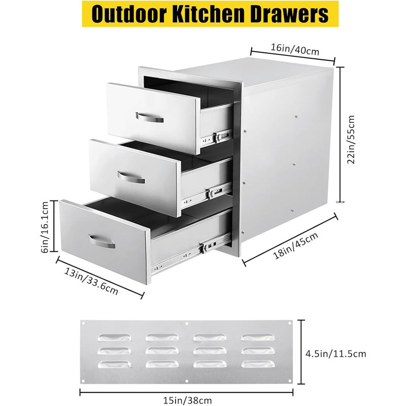 Tiroirs de cuisine en acier inoxydable à 3 niveaux, rangement pour barbecue résistant aux intempéries, îlot de barbecue