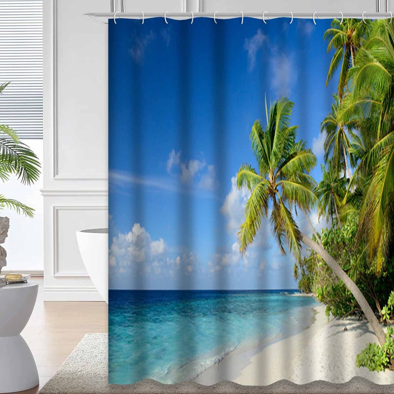 Palmier de plage tropicale, île d'Hawaï, magnifique fond d'eau turquoise avec 12 crochets, L 72 po x l 84 po