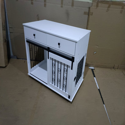 Sliding Barn Door Dog Crate With Drawers And Lockable Wheels