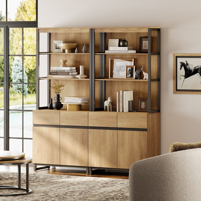 Aadam 2 PCS Modern 72" Tall Bookcases With Metal Base And Adjustable Shelves, Library Book Shelf With Storage Cabinet And Open Book Shelfs, Wood Bookshelves