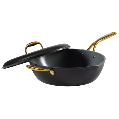 Frok 13"  Frying Pan Wok Skillet 4MM Thick Quick Heat Aluminum Cookware W/ Aluminum Lid Set W/ Premium PFA Free Ceramic Nonstick Interior & Heat Resistant Exterior - Induction