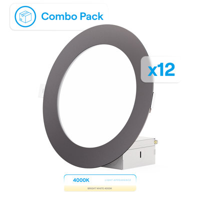 Ensemble de plafonniers encastrés à DEL 6 pouces Infibrite avec lumière blanche froide de 4 000 Kelvin, finition noire, 12 watts, 1050 lumens, intensité variable, calibre humide, ensemble de 12