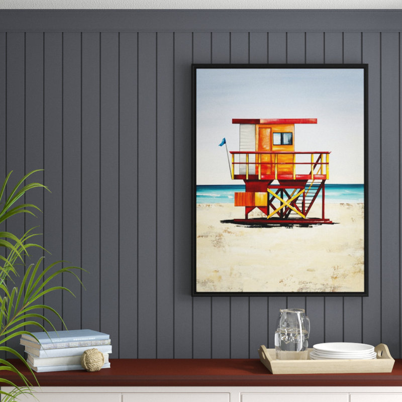 « lifeguards on duty iii », peinture sur toile, H 41,7 po x l 31,7 po x p 1,75 po, Cadre flottant noir