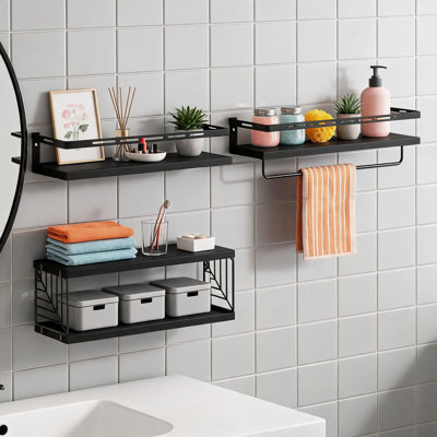 Black Wooden Floating Bathroom Shelf Features Metal Frame And Towel Rod Rustic Style For Multi Room Storage