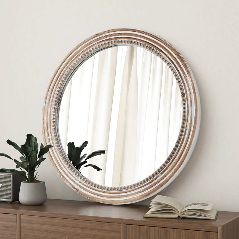 Miroir rond rustique de 24,1 pouces avec perles, décore le vestibule de la cuisine du salon, le mur blanc rehausse l'attrait visuel de