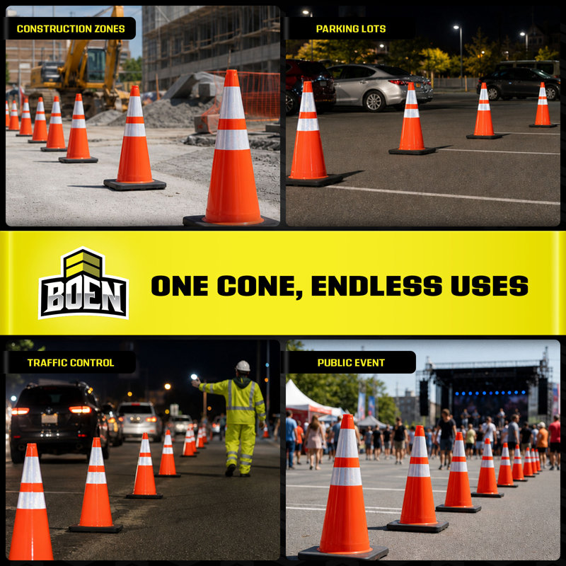 Cônes de signalisation orange Boen de 71 cm (28 po), paquet de 100, conformes à la norme MUTCD, avec 2 colliers réfléchissants et une base de 3,2 kg (7 lb) pour les travaux routiers, le stationnement et la signalisation.