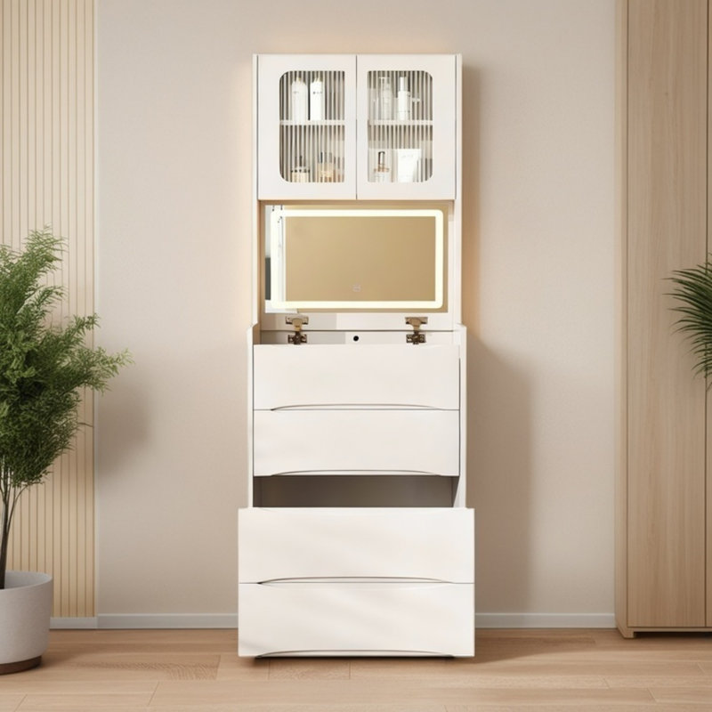 3-In-1 White Vanity Desk With LED Mirror, Adjustable Lighting, Flip-Top Makeup Table & Storage Stool, 5 Storage Compartments For Bedroom