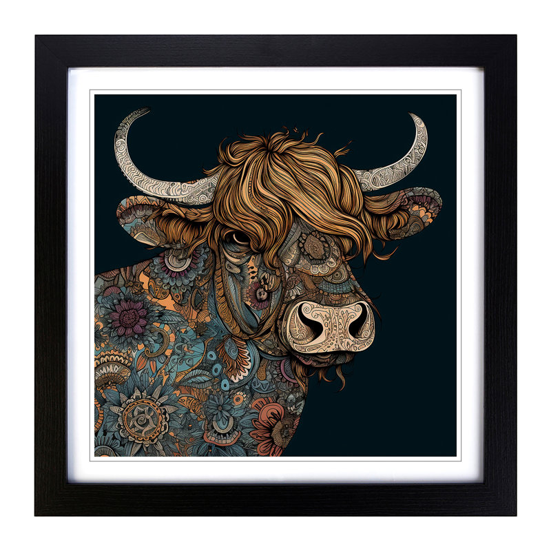 Highland Cow Paisley No.2 - Single Picture Frame Print on Wood, Black