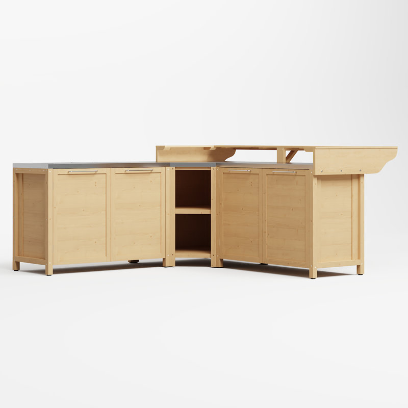 Ensemble de cuisine d'extérieur en cèdre en L 4 pièces avec évier, armoires de rangement et centre de bar - Naturel, Brun