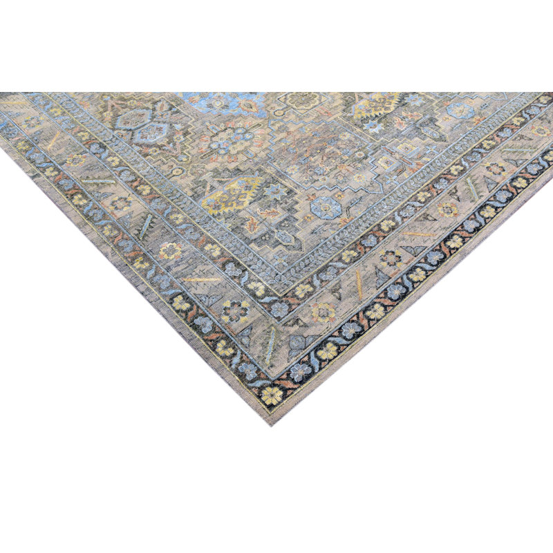 Tapis marocain en laine / soie noué à la main de style marocain bleu clair / jaune / brun, Rectangle 8 pi x 10 pi