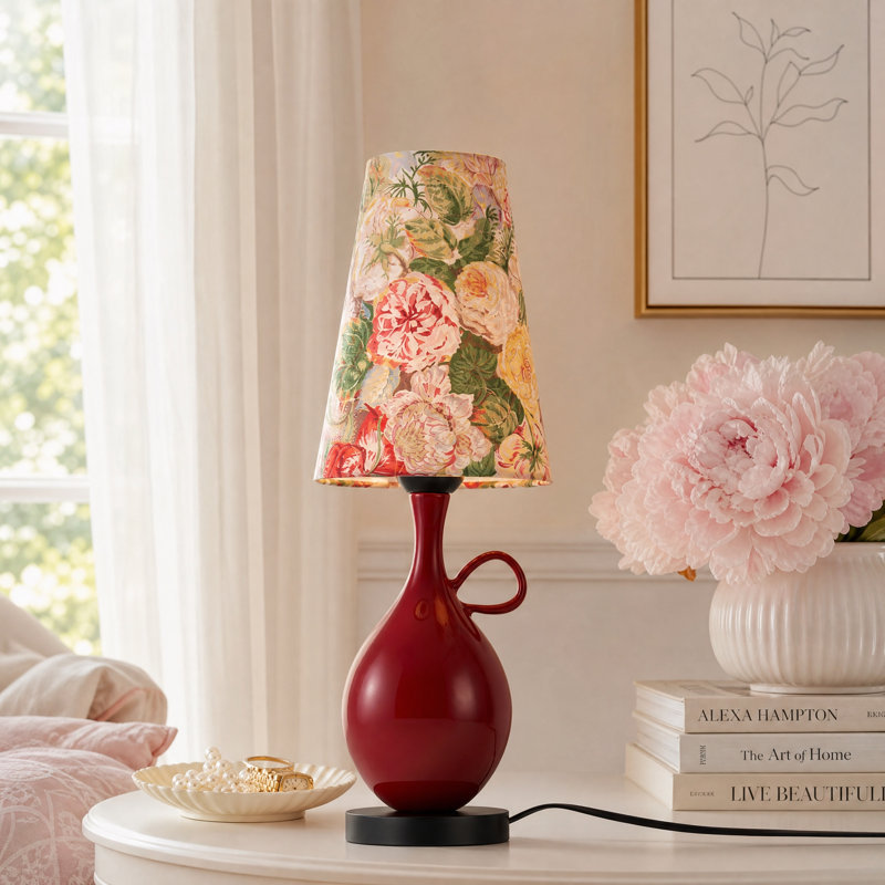 Red Ceramic Floral Shade Mini Table Lamp