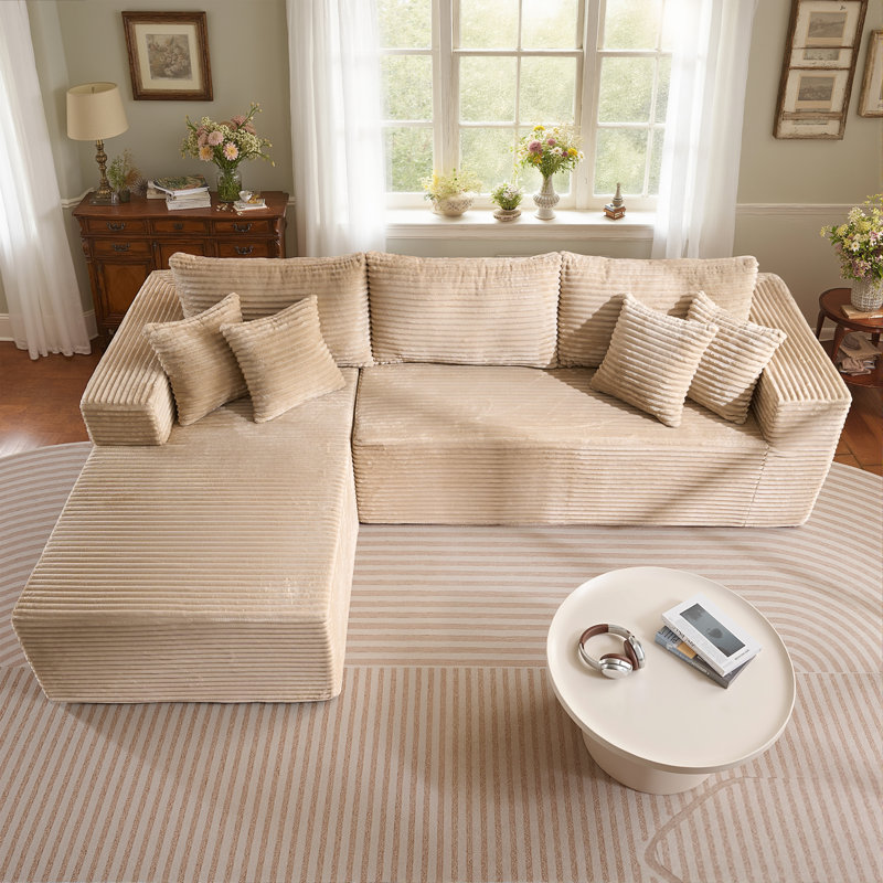 Canapé modulaire rembourré désossé 2 pièces sans assemblage par compression, Velours côtelé beige