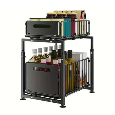 2-tier Metal Pull Out Cabinet Organizer Height Adjustable Double Sliding Out  Cabinet Drawer Under Sink Organizer For Kitchen Pantry Storage