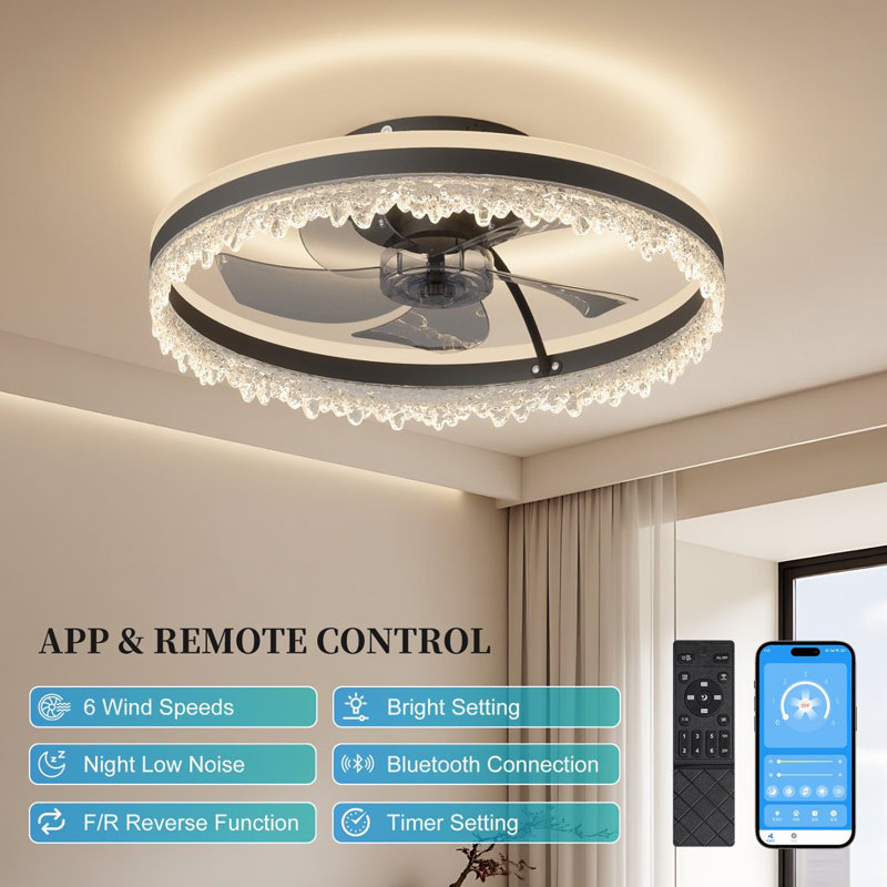 Ventilateur de plafond encastré noir de 20 po avec lumière, télécommande Bluetooth et application, ventilateur CC silencieux à 6 vitesses, fonction réversible, lumière DEL lumineuse à intensité variable, ventilateur de plafond silencieux à minuterie pour le salon de la chambre à coucher