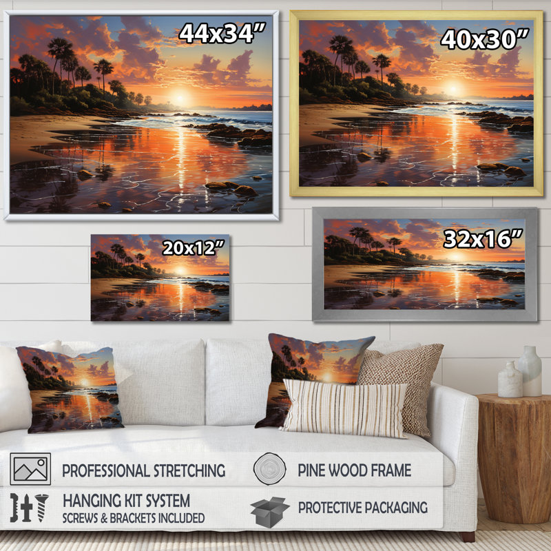 «Beach Sunset Beach IV», reproduction sur toile encadrée, H 24 po x l 32 po x P 1 po, Cadre flottant blanc