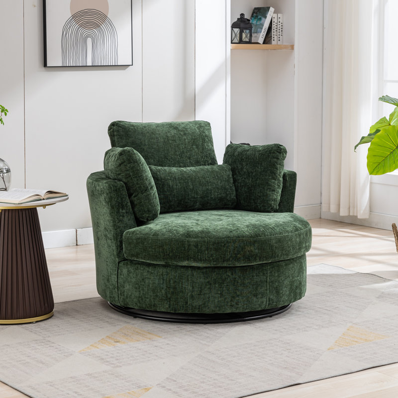 Achorn 42" W Recessed Arm Slipcovered Swivel Barrel Chair, Green Chenille