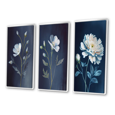 Ensemble de 3 fleurs blanches simples sur fond bleu rétro