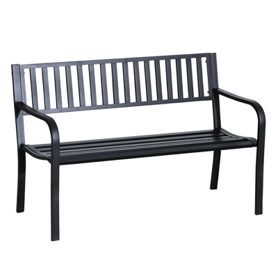 Banc de porche en métal noir de 127 cm (50 po), siège à lattes, mobilier d'extérieur pour cour arrière, piscine, pelouse. Robuste et ergonomique, facile à nettoyer occasionnellement. Construction robuste et facile à désinfecter.