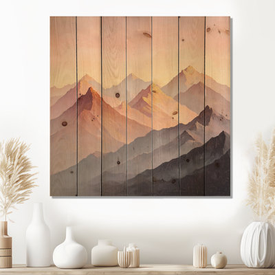 Lumière dorée sur les pics de cristal rose II - paysage de montagnes, art mural sur bois de pin naturel