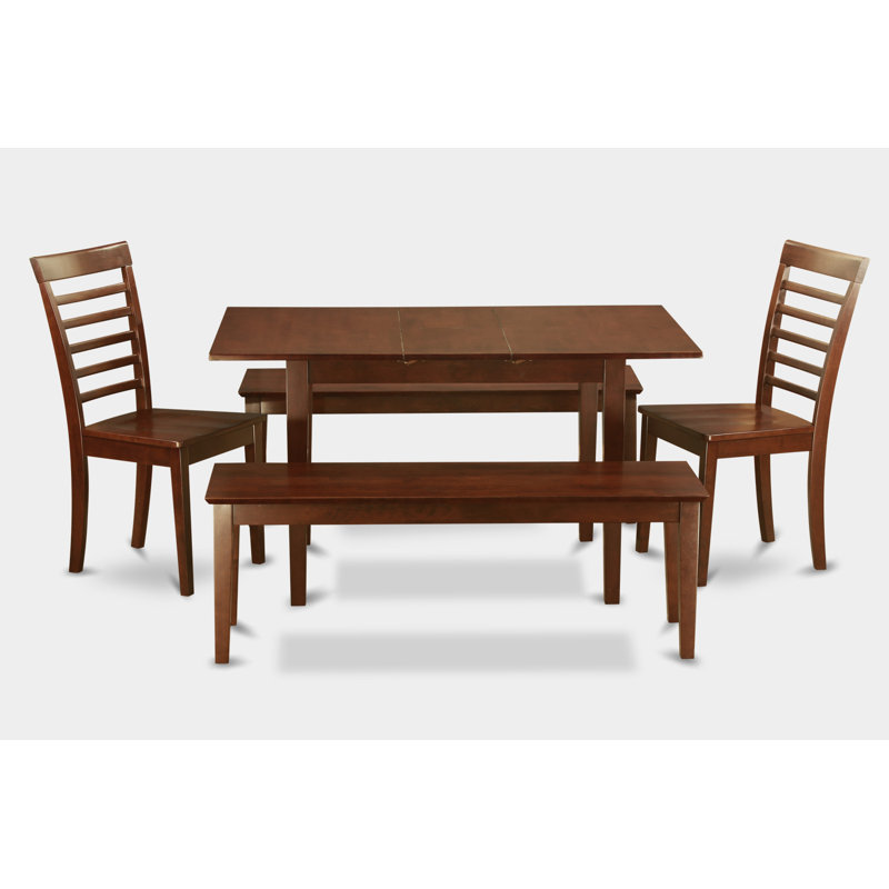 5 Piece Dining Table Set for 4 Includes a Rectangle Kitchen Table with Butterfly Leaf and 2 Dining Room Chairs with 2 Benches, Mahogany