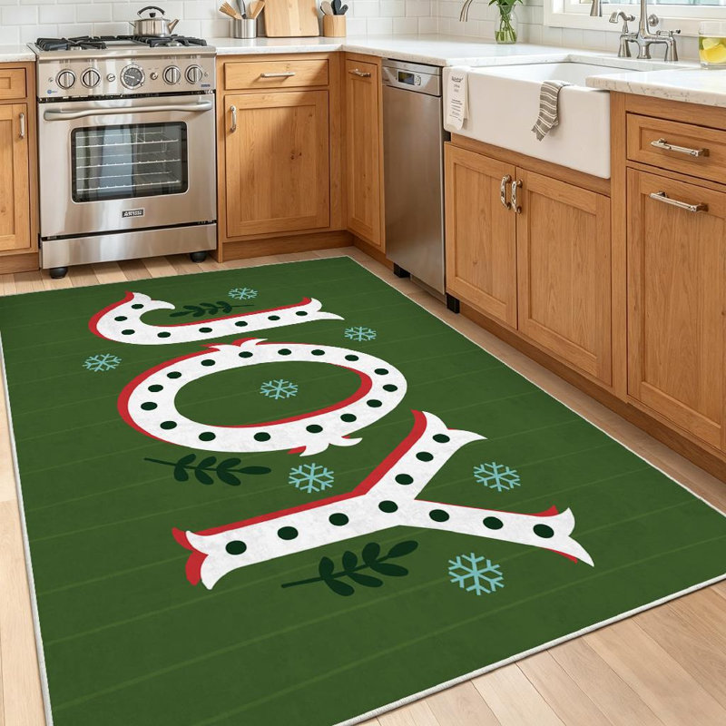 Tapis d'intérieur vert lavable à la machine, motif « Joie » pour Noël, Rectangle 39 po x 63 po