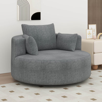 Fauteuil d'appoint pivotant surdimensionné, fauteuil demi-tonneau rond à 360 ° avec 3 coussins, canapé-lit en chenille avec accoudoirs larges, fauteuil pour couple