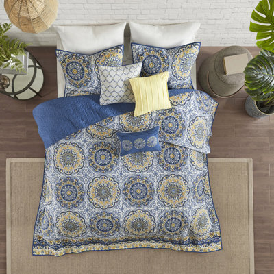 Courtepointe bleue double / grand - 6 pièces avec imprimé floral oreillers plissés lavable à la machine literie réversible broderie 3 microfibres douces décoratives