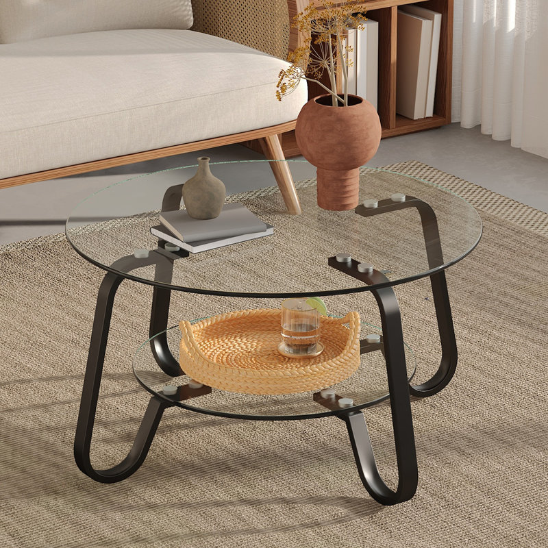 Retro Minimalist Style Metal Frame Double-Layer Tempered Glass Coffee Table, Size 31.5 * 31.5 * 17.7 Inches, Adding A Touch Of Elegance To Your Living Room