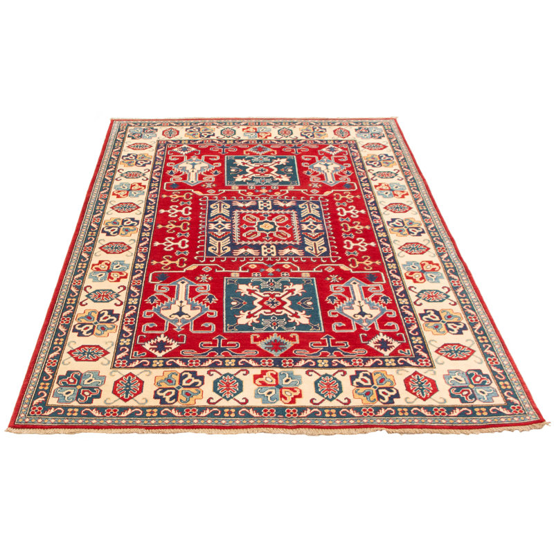 Tapis rouge / jaune en laine noué à la main de conception unique 6 pi x 8 pi 10 po New Age