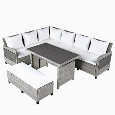 5-Piece Outdoor Patio Rattan Sofa Set, Sectional PE Wicker L-Shaped Garden Furniture Set With 2 Extendable Side Tables, Dining Table And Washable Cove -  Latitude Run®, 20A303125ACE48DDB32497FFBE7F7DA7